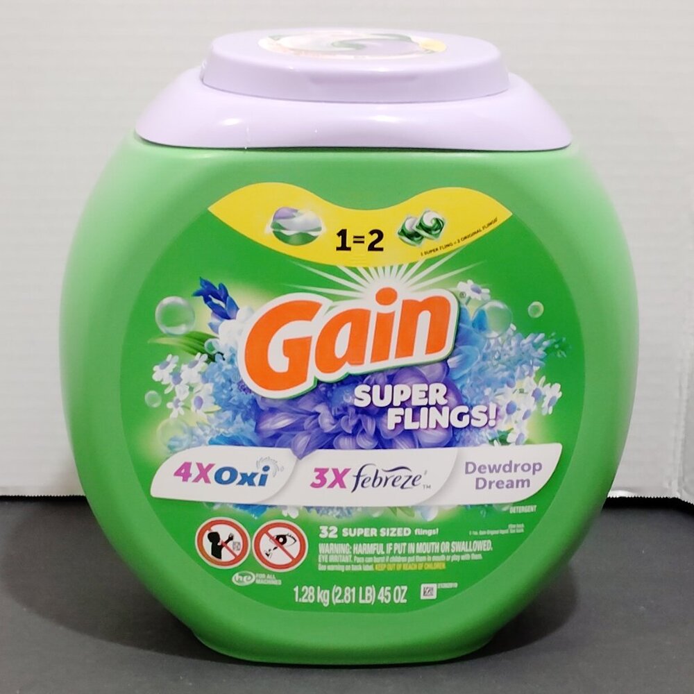 Gain Super Flings Laundry Detergent Pacs, 32 Count, Dewdrop Dream scent